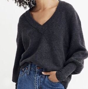 Madewell Dashwood V-Neck Chunky Wool Blend Sweater - Charcoal Grey sz S